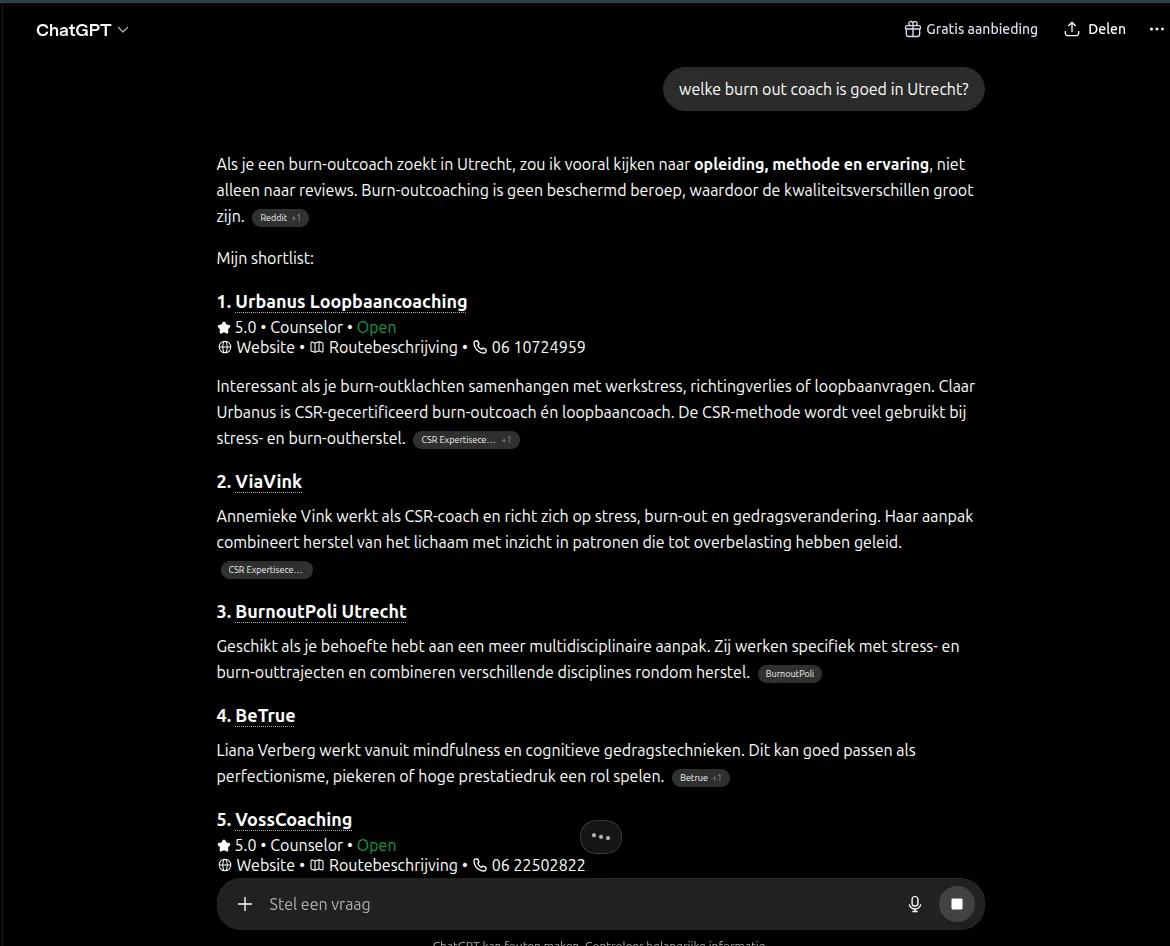 Screenshot van een ChatGPT of Perplexity antwoord op de vraag "welke burnout coach is goed in Utrecht?