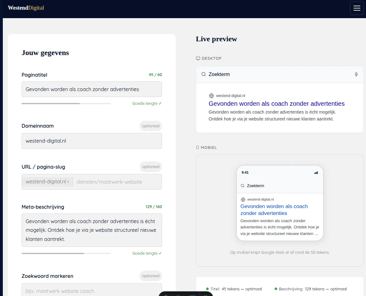 Screenshot van de SERP preview tool op westend-digital.nl